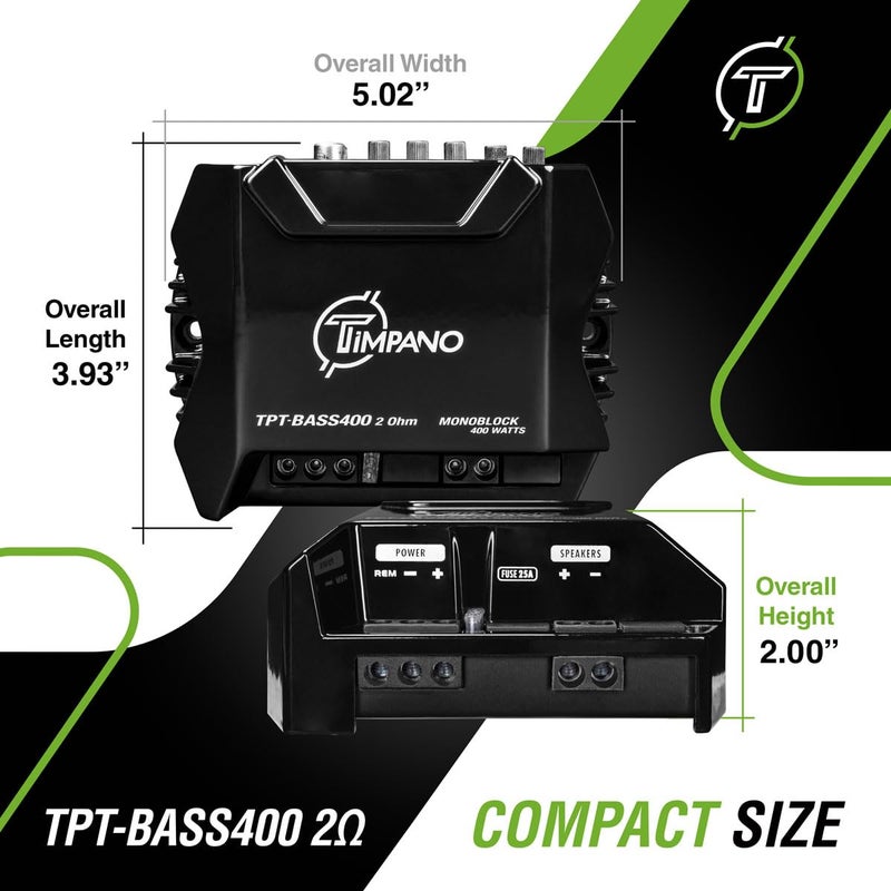 TIMPANO 400 Watts Mono Subwoofer Car Audio Amplifier TPT-BASS400 2 Ohm – 12 Volts Mini Monoblock Class D Car Amp, Built-in Crossover & Bass Boost with High Level Inputs - Image 3